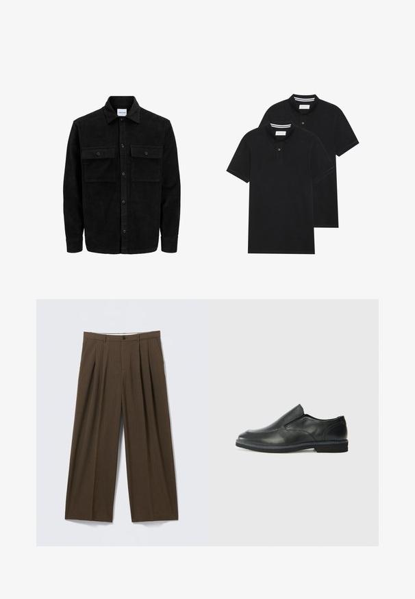 Juodas velveto mygtukų švarkas su dviem priekiniais kišenėmis su atvartais, klasikiniu apykakle, ilgomis rankovėmis ir raukšlėtu paviršiumi.; Du žaidimų juodos polo marškiniai, trumpomis rankovėmis, pagaminti iš medvilnės, su klasikinėmis apykaklėmis, dviem mygtukais priekyje ir baltais dryžiais apykaklės viduje.; Rudos spalvos dryžuoti plačios kelnės, turinčios priekyje klostes, užsegamos mygtuku ir pasižyminčios lygiu paviršiumi.; Juodai odiniai įtvirtinimo batai su lygiu paviršiumi, siuvinėjimo akcentais, apvalia nosimi ir žemu guminiu kulnu. Pado raštas minimalus.