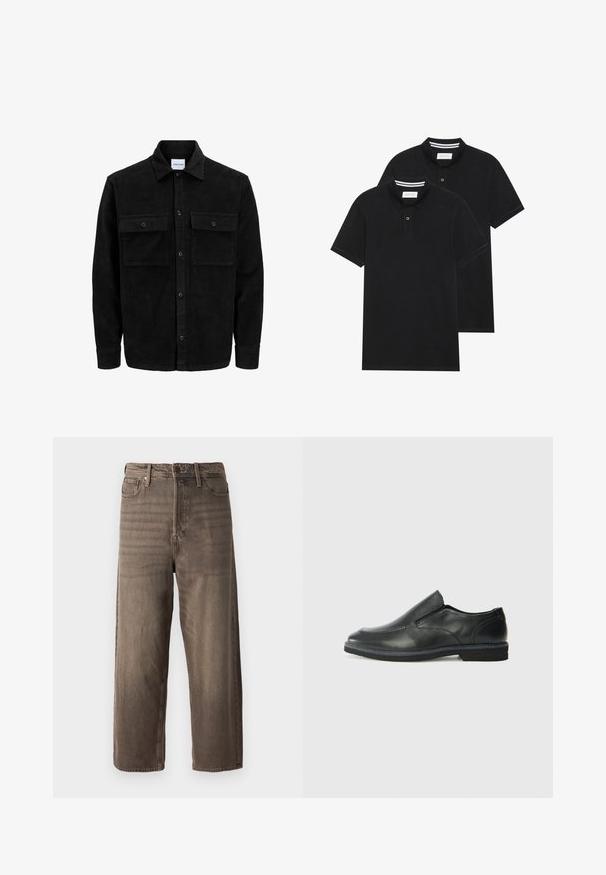 Melnas kordūru pogu jaka ar divām priekšējām atloka kabatām un klasisku apkakli, garām piedurknēm un ribotu tekstūru.; Divas melnas polo krekli, īsām piedurknēm, no kokvilnas materiāla, ar klasisku apkakli, divu pogu aizdari un balti svītroti akcenti apkakles iekšpusē.; Bordo platajā stila džinsi, izgatavoti no denima. Satur rāvējslēdzēja aizdari, jostas cilpas un piecas kabatas. Audumam ir izbalējusi, teksturēta virsma.; Melnas ādas slip-on kurpes ar gludu augšdaļu, izšūtām akcentiem, noapaļotu purngala daļu un zemu gumijas papēdi. Zole ar minimālu rakstu.