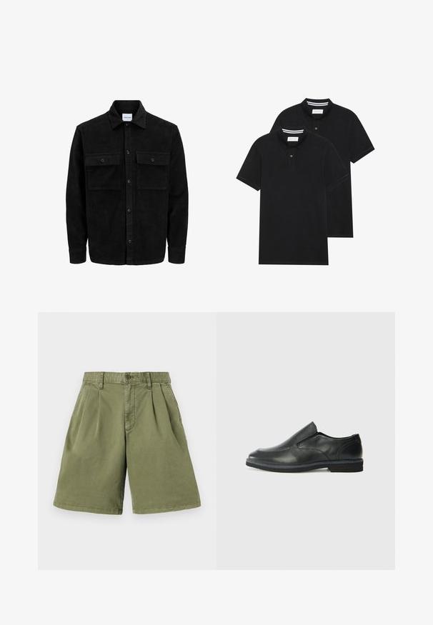 Veste en velours côtelé noire à boutons, avec deux poches à rabat à l'avant et un col classique, des manches longues et une texture côtelée.; Deux polos noirs, à manches courtes, en coton, avec un col classique, une patte de boutonnage à deux boutons, et des accents rayés blancs à l'intérieur du col.; Shorts kaki avec plis avant, fabriqués en mélange de coton. Dotés de passants de ceinture et d'une fermeture par bouton, avec une coupe droite et un ourlet net.; Chaussure slip-on en cuir noir avec une tige lisse, des accents cousus, un bout arrondi et un petit talon en caoutchouc. La semelle présente un profil de traction minimal.