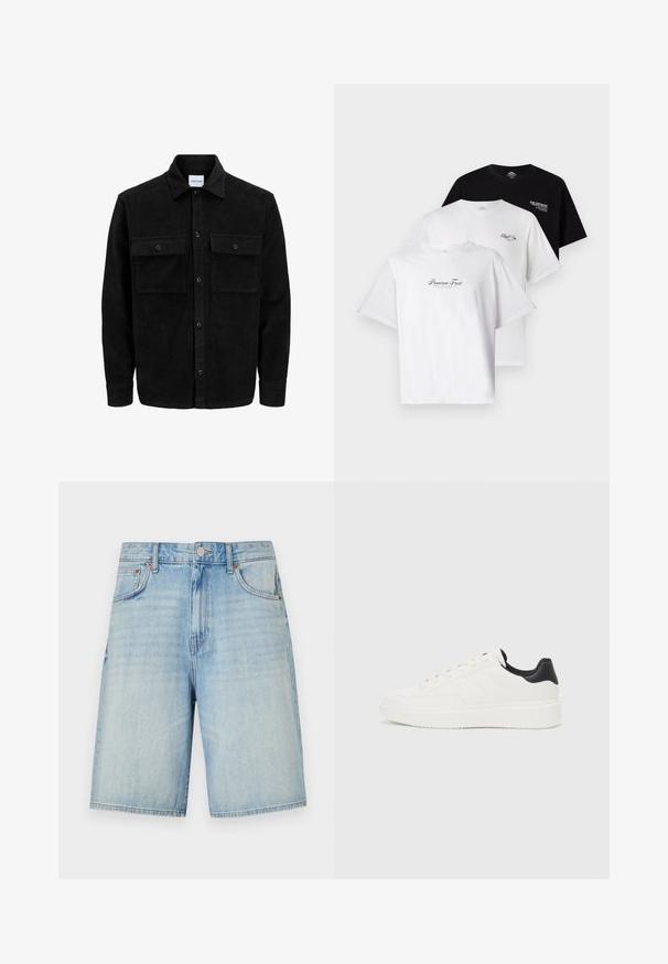 Crni kožni kord jakna na dugmad s dva prednja džepa s preklopom i klasičnim ovratnikom, dugim rukavima i rebrastom teksturom.; Tri majice u paketu: jedna crna, dvije bijele. Kratki rukavi, okrugli izrez, s grafičkim natpisima na prsima u kontrastnim bojama. Pamuk.; Svijetloplave traper šorts hlače ravnog kroja, sa zatvaranjem na dugme i patent zatvaranjem, pet džepova i blago izblijedjelim izgledom.; Bijela kožna tenisica s utisnutim uzorkom, teksturiranom bijelom potplatom i crnim naglaskom na peti. Ima zaobljen nos i ravne vezice.