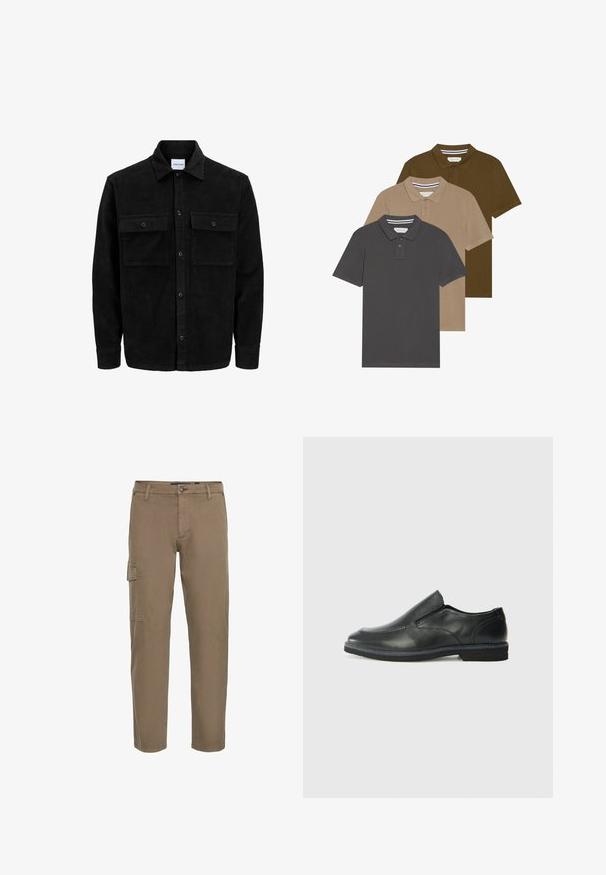 Zwarte corduroy knopenjack met twee voorste klepzakken en een klassieke kraag, lange mouwen en ribbelstructuur.; Drie polo-shirts verticaal gestapeld: donkergrijs, beige en olijfgroen. Korte mouwen, kraag met twee knopen, van katoenmateriaal.; Cargo pantalons in gedempt bruin katoen. Kenmerken een knoopsluiting, zijzak, rechte pijpen en een gladde textuur. Geschikt voor casual wear.; Zwarte leren instapper met een soepele bovenkant, gestikte accenten, ronde neus en een lage rubberen hak. De zool heeft minimale profiel.