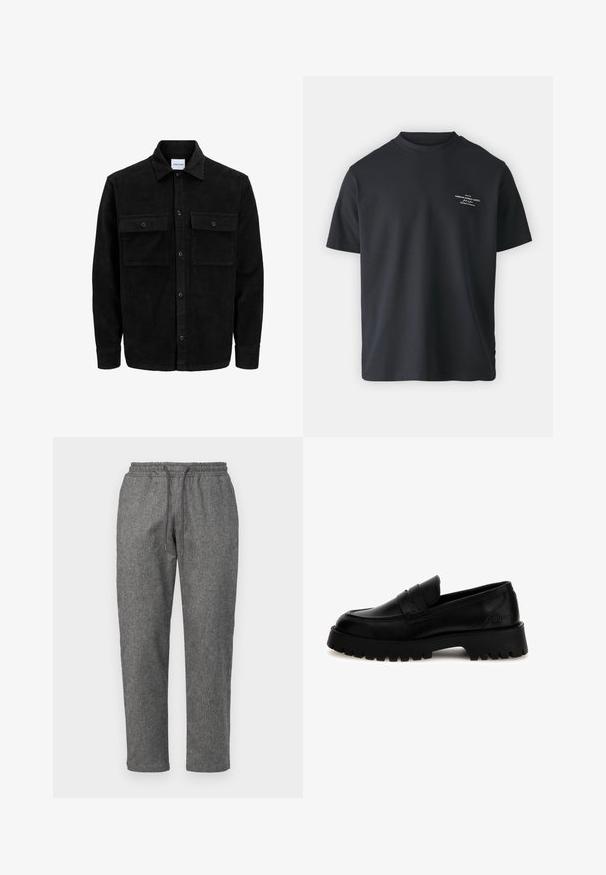 Black corduroy button-up jacket with two front flap pockets and a classic collar, long sleeves, and ribbed texture.; Black cotton t-shirt with a crew neck, short sleeves, and a small white text print on the front, featuring a relaxed fit and smooth texture.; Gray, knitted sweatpants with a drawstring waistband, tapered legs, and a subtle textured pattern throughout the fabric.; Black leather loafers with a thick, ridged sole. Features a stitched moccasin toe and a frontal strap. Branding is visible on the heel.