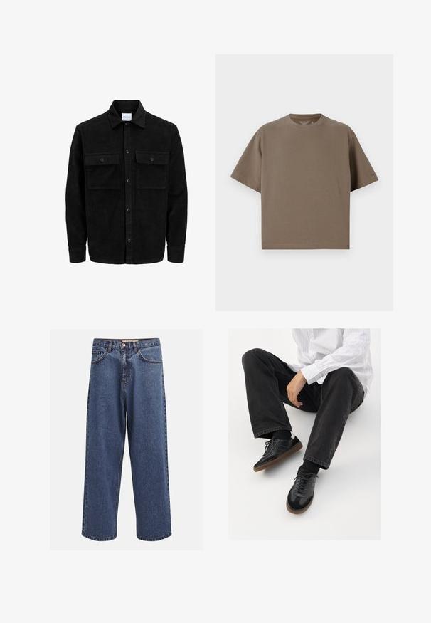 Zwarte corduroy knopenjack met twee voorste klepzakken en een klassieke kraag, lange mouwen en ribbelstructuur.; Bruine, korte mouwen t-shirt gemaakt van zachte stof met een ronde halslijn. Heeft een ontspannen pasvorm en eenvoudige zoomdetails.; Brede blauwe denim jeans met een vervaagde afwerking, voorzien van een knoopsluiting, vijf zakken en contrasterende stiksels langs de naden.; Zwarte sneakers met een glad en textuur detail, voorzien van een rubberen zool en donkere veters. Gecombineerd met zwarte jeans en een wit gestreept shirt.