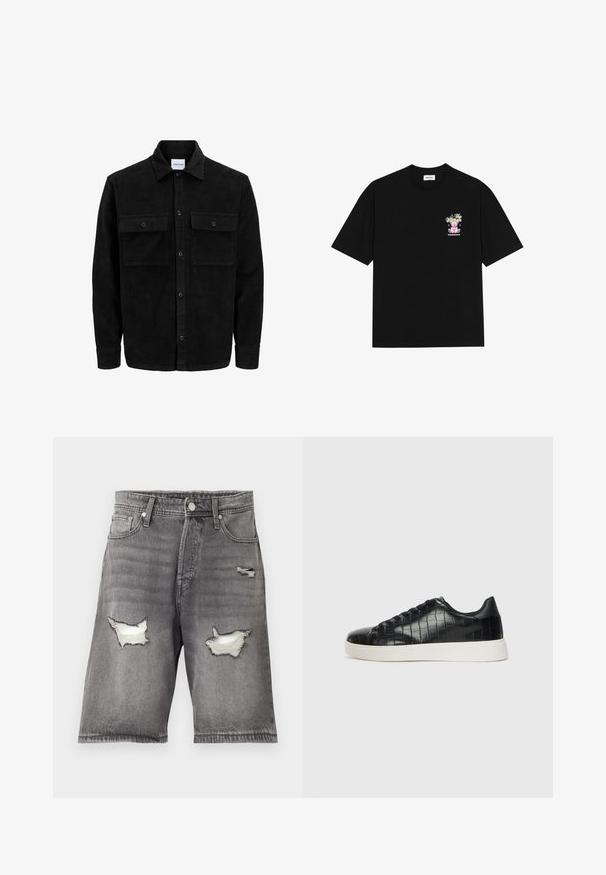 Crni kožni kord jakna na dugmad s dva prednja džepa s preklopom i klasičnim ovratnikom, dugim rukavima i rebrastom teksturom.; Crna pamučna majica s kratkim rukavima i okruglim izrezom, s šarenim grafičkim prikazom na lijevoj strani prsnog dijela, koji prikazuje teddy medvjedića i stilizirani tekst.; Sive traper kratke hlače s izblijedjelim izgledom, koje sadrže dva izblijedjela zakrpa i dizajn s pet džepova. Metalni gumb i zatvarač.; Crne tenisice s teksturiranom gornjom površinom od kože s uzorkom krokodila, zaobljenim vrhom i kontrastnom bijelom gumenom potplatom s glatkom završnom obradom.