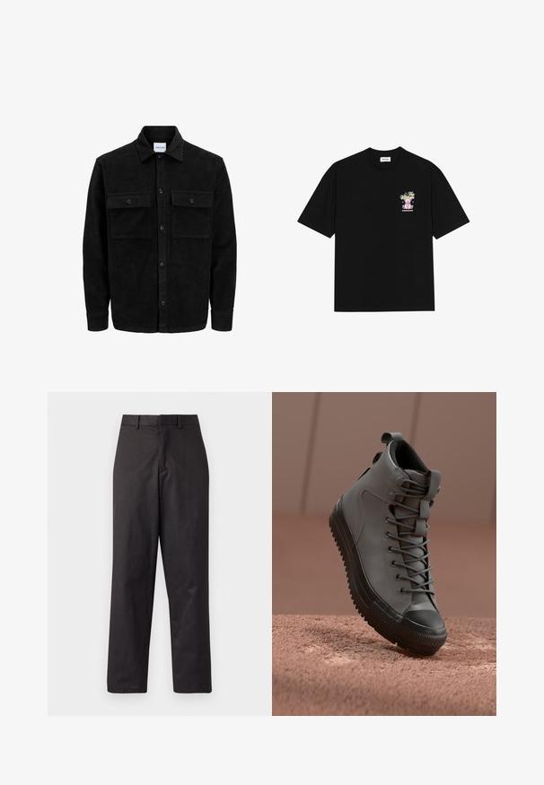 Mustmustöös nupuga jope, millel on kaks eesmist klapiga taskut ja klassikaline kaelus, pikad varrukad ning ribakujuline tekstuur.; Must t-särk mustast puuvillast, millel on värviline graafika vasakul rinnal, kujutades karu ja stiliseeritud teksti, lühikeste varrukatega ja ümmarguse kaelusega.; Mustad mustad, mis on valmistatud puuvillase segu kangast, sirge jala disainiga, ees olevate taskutega ja tavalise vöökohaga, kus on vööaasad.; Hallux-sneaker hallux-hallok innē gr̩ñ ¯ü¦¼bäbm, plakküns utei läni ude rümbcēnöis; ¥ebär patiba tumij. Ajuukhan varincä teh ennzu.