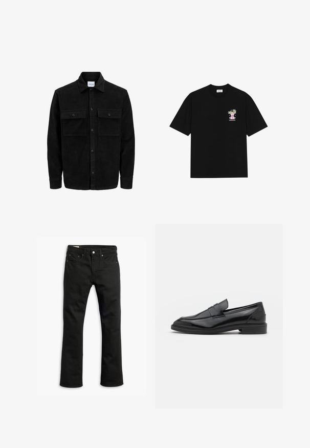 Sort fløjl button-up jakke med to frontlommer og klassisk krave, lange ærmer og ribbet tekstur.; Sort bomulds T-shirt med et farverigt grafik på venstre bryst, der viser en bamse og stiliseret tekst, med korte ærmer og rund hals.; Sorte denim jeans med lige ben, fem lommer, metalknaplukning og diskrete syninger. Glat tekstur og ensfarvet.; Sorte læder loafers med en glat overflade, der har en rund tå og en smal bånd over det øverste. Lav stablet hæl.