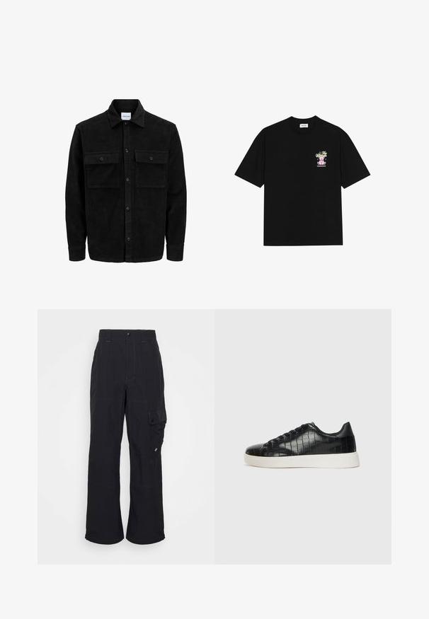 Giacca in corduroy nera con bottoni, due tasche anteriori con patta, colletto classico, maniche lunghe e texture a coste.; T-shirt nera in cotone con una grafica colorata sul lato sinistro del petto, che raffigura un orsetto e un testo stilizzato, con maniche corte e collo rotondo.; Pantaloni cargo neri realizzati in tessuto testurizzato, con un design a gamba larga, cuciture visibili e una tasca laterale con chiusura a scatto.; Sneaker nere con una toma superiore in pelle con effetto croc embossato, punta rotonda e suola in gomma bianca a contrasto con una finitura liscia.