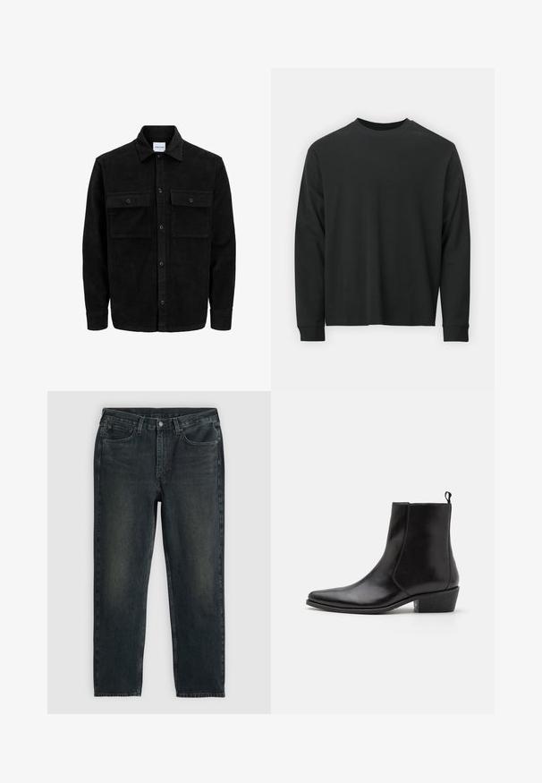 Juodas velveto mygtukų švarkas su dviem priekiniais kišenėmis su atvartais, klasikiniu apykakle, ilgomis rankovėmis ir raukšlėtu paviršiumi.; Ilga melsva juoda marškinėliai, pagaminti iš medvilnės, su apvaliu iškirpimu, laisvu siluetu ir ripsuota apykakle. Lygus paviršius be matomų raštų.; Tamsiai mėlynos džinsinės kelnės su tiesiu kirpimu, turinčios penkias kišenes, užtrauktuką ir kontrastingas siūles. Audinys šiek tiek nublukęs.; Zign LEATHER - Kaubojiški / motociklininko stiliaus aulinukai - black