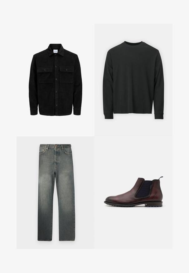 Mustmustöös nupuga jope, millel on kaks eesmist klapiga taskut ja klassikaline kaelus, pikad varrukad ning ribakujuline tekstuur.; Pika pikkade varrukatega must T-särk, mis on valmistatud puuvillast, ümarate kaelustega, lohvaka lõikega ja soonikute mansettidega. Sujuv tekstuur, ilma nähtavate mustriteta.; Jack & Jones JJIALEX JJCOOPER - Baggy fit teksad - black denim; Pruun nahast Chelsea saabas, millel on elastsed külgpaneelid, ümar varvas ja tekstuuriga must kummipohja. Sile viimistlus kerge läikega.