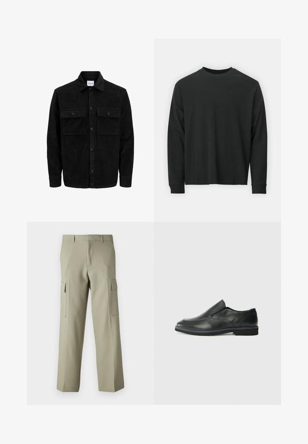 Black corduroy button-up jacket with two front flap pockets and a classic collar, long sleeves, and ribbed texture.; Long-sleeve black T-shirt made of cotton, featuring a round neckline, loose fit, and ribbed cuffs. Smooth texture with no visible patterns.; Light green cargo pants with a straight-leg design, featuring side pockets and a smooth fabric texture. Back view displayed.; Black leather slip-on shoe with a smooth upper, stitched accents, rounded toe, and a low rubber heel. Sole features minimal tread.