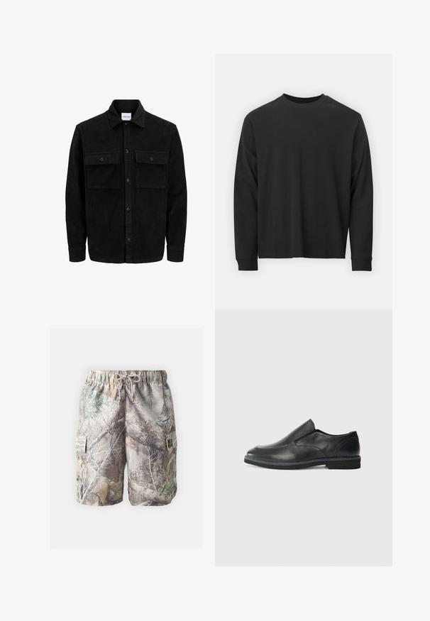 Giacca in corduroy nera con bottoni, due tasche anteriori con patta, colletto classico, maniche lunghe e texture a coste.; Maglietta nera a maniche lunghe in cotone, con scollatura rotonda, vestibilità ampia e polsini a costine. Texture liscia senza motivi visibili.; Pantaloni cargo mimetici realizzati in un materiale leggero, con vita regolabile a cordino, tasche laterali e una combinazione di tonalità e motivi terra.; Scarpa nera in pelle con inserto scivolare, superiore liscio, dettagli cuciti, punta arrotondata e tacco in gomma basso. La suola presenta un battistrada minimale.