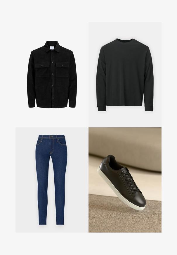 Crni kožni kord jakna na dugmad s dva prednja džepa s preklopom i klasičnim ovratnikom, dugim rukavima i rebrastom teksturom.; Dugi rukav crni majica od pamuka, s okruglim izrezom, slobodnog kroja i rebrastim manžetama. Glatka tekstura bez vidljivih uzoraka.; Uske mršavi traperice u tamnoplavoj boji s narančastim šavovima. Sadrži dva prednja džepa i dugme za zatvaranje. Glatka tekstura s uskim dizajnom.; Crne kožne tenisice s bijelim gumiranim potplatom i crnim vezicama, smještene na bež tkaninskoj površini i pozadini.