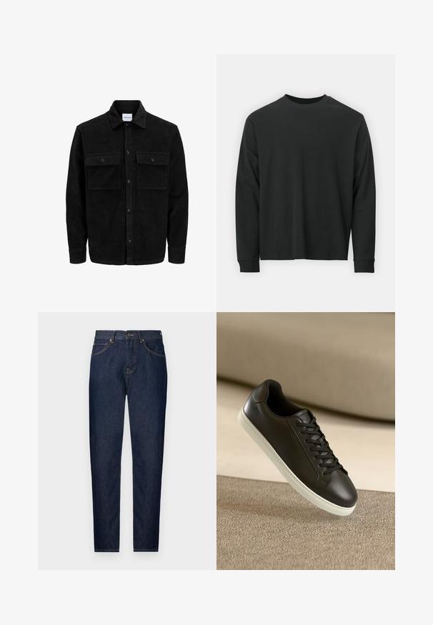 Chaqueta de pana negra con botones, dos bolsillos delanteros con solapa y un cuello clásico, mangas largas y textura acanalada.; Camiseta negra de manga larga, hecha de algodón, con escote redondo, corte holgado y puños acanalados. Textura suave sin patrones visibles.; Jeans de mezclilla azul oscuro con corte ajustado, que cuentan con cinco bolsillos, cremallera y costuras doradas en contraste. Textura suave con un diseño clásico.; Zapatilla de cuero negra con suela de goma blanca y cordones negros, posicionada sobre una superficie y fondo de tela beige.