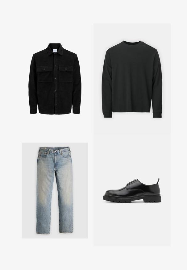 Chaqueta de pana negra con botones, dos bolsillos delanteros con solapa y un cuello clásico, mangas largas y textura acanalada.; Camiseta negra de manga larga, hecha de algodón, con escote redondo, corte holgado y puños acanalados. Textura suave sin patrones visibles.; Vaqueros de mezclilla azul claro con un diseño de pierna recta, estilo de cinco bolsillos y costuras visibles. Lavado desvanecido y detalles en metal dorado.; Zapatos de cuero negro con cordones, punta redonda, textura suave y suela de goma acanalada. Presentan un pequeño tacón y una pestaña en la parte posterior.