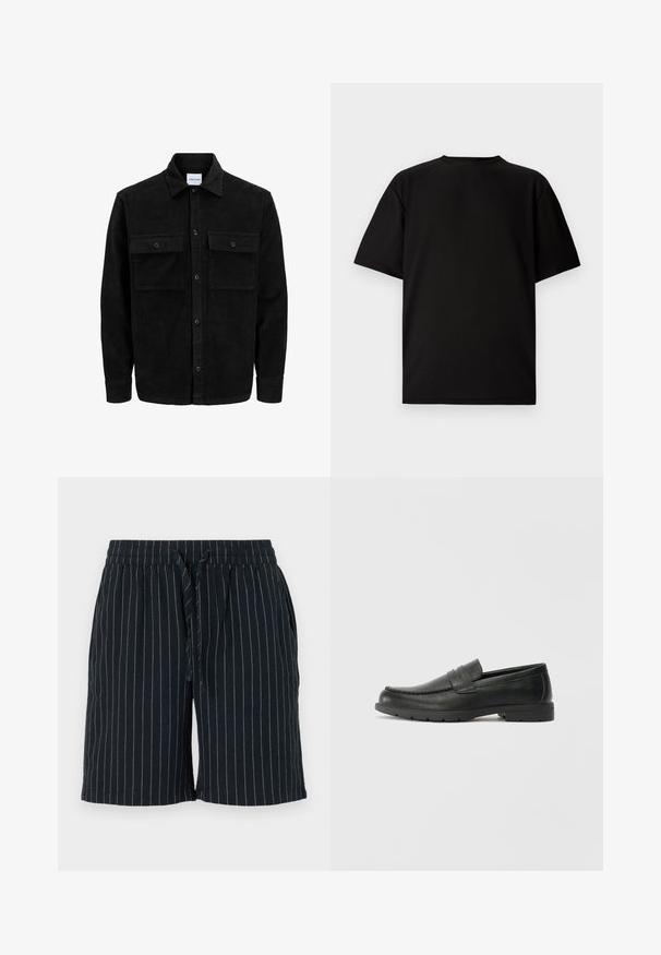 Giacca in corduroy nera con bottoni, due tasche anteriori con patta, colletto classico, maniche lunghe e texture a coste.; T-shirt nera a maniche corte realizzata in tessuto a coste. Presenta un collo tondo e una vestibilità comoda con una texture liscia. Solo vista dal retro.; Pantaloni corti blu scuro con strisce verticali chiare, cintura elastica, chiusura con lacci e tasche laterali. Realizzati in un tessuto leggero.; Mocassini neri in pelle con una finitura liscia, parte superiore in stile mocassino, dettagli cuciti e suola in gomma. Design classico con tacco basso.