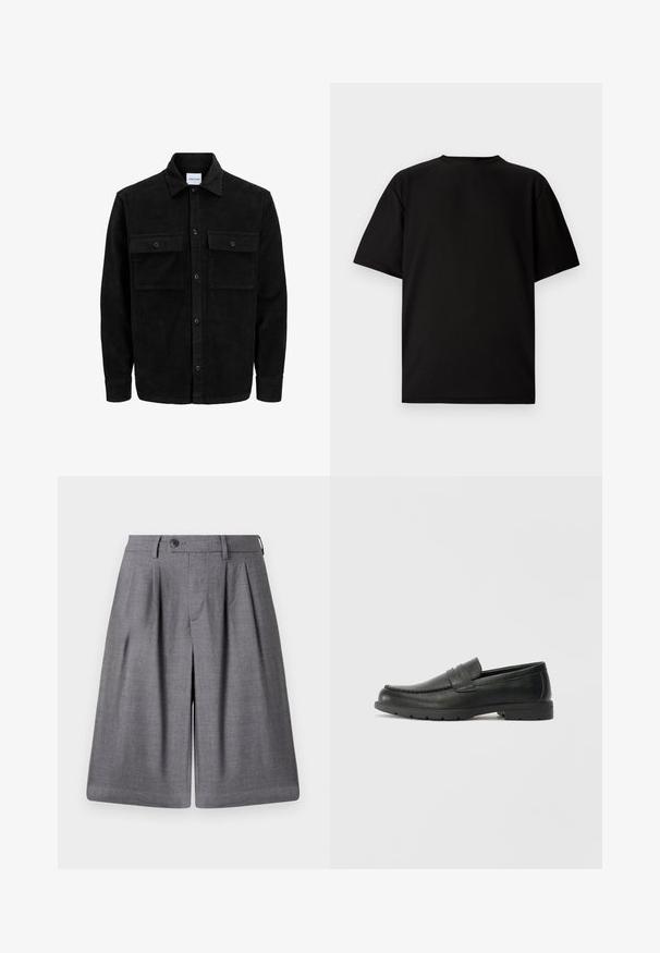 Jachetă din catifea neagră, cu butoni, două buzunare frontale cu clapetă și un guler clasic, mâneci lungi și textură ribbed.; Tricou negru cu mânecă scurtă, fabricat din material cu textură de tip ribbed. Are un decolteu rotund și o croială lejeră cu o textură fină. Vedere din spate.; Pantaloni scurți gri, croiți, confecționați dintr-un material neted, având plisse, închidere cu nasture și o talie clar definită pentru un fit structurat.; Labeled cu oglindă din piele neagră cu un finisaj neted, partea superioară în stil mocasin, detalii cusute și o talpă din cauciuc. Design clasic cu un toc jos.