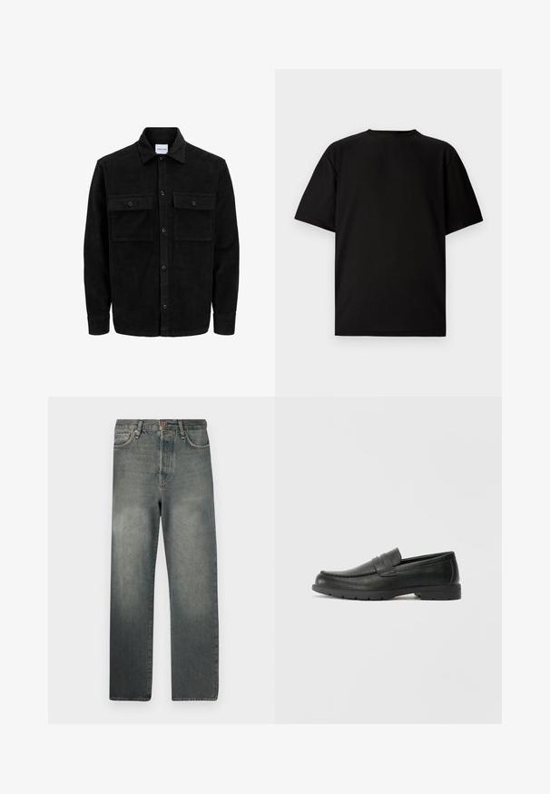 Crni kožni kord jakna na dugmad s dva prednja džepa s preklopom i klasičnim ovratnikom, dugim rukavima i rebrastom teksturom.; Crni kratki rukav T-shirt izrađen od rebrastog materijala. Ima okruglu izrezanu vratnicu i opušten kroj s glatkom teksturom. Samo stražnji pogled.; Jack & Jones JJIALEX JJCOOPER - Vrećaste traperice - black denim; Crne kožne mokasine s glatkom površinom, gornji dio u stilu mokasina, ojačani šavovi i gumeni potplat. Klasičan dizajn s niskom petom.