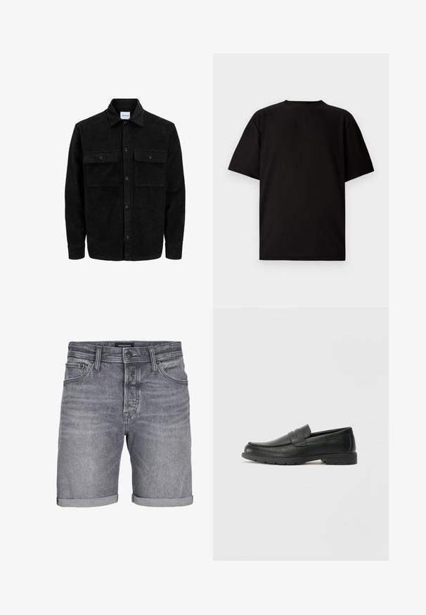 Veste en velours côtelé noire à boutons, avec deux poches à rabat à l'avant et un col classique, des manches longues et une texture côtelée.; T-shirt noir à manches courtes en tissu côtelé. Présente un col rond et une coupe décontractée avec une texture lisse. Vue arrière uniquement.; Shorts en denim gris avec un aspect légèrement usé, présentant un ourlet retroussé, un design à cinq poches et une fermeture à bouton. Étiquette : JACK & JONES.; Mocassins en cuir noir avec une finition lisse, tige de style moccasin, détails cousus et semelle en caoutchouc. Design classique avec un talon bas.