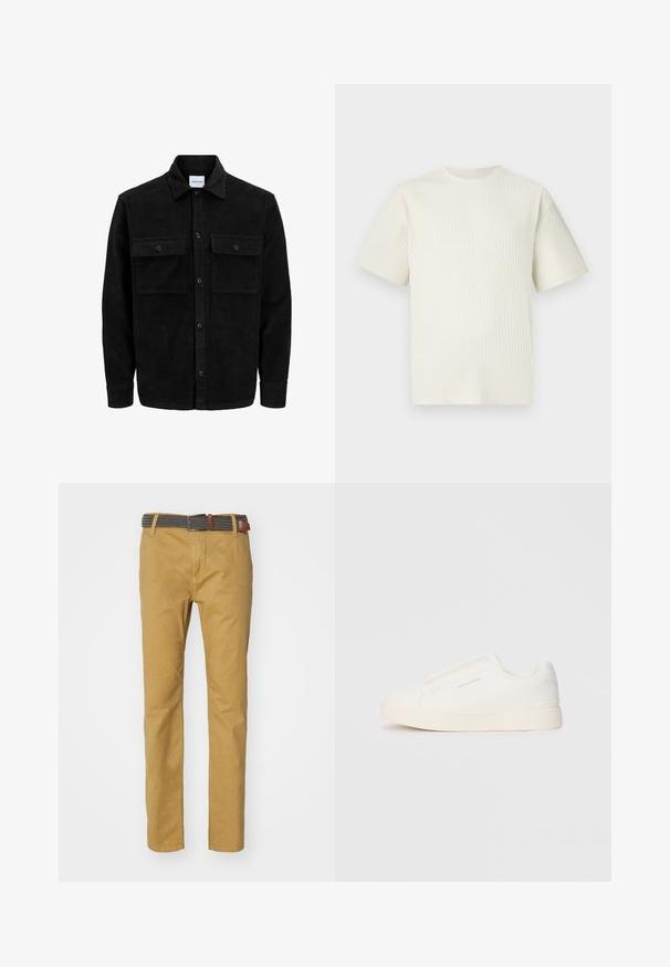 Black corduroy button-up jacket with two front flap pockets and a classic collar, long sleeves, and ribbed texture.; Light beige ribbed t-shirt featuring short sleeves and a round neckline, displayed against a plain white background.; Khaki chinos with a slim fit, cotton material, featuring a textured gray and black woven belt with brown leather accents.; White slip-on sneakers with a textured surface, a thick sole, and minimalistic design. Features brand logo on the side.