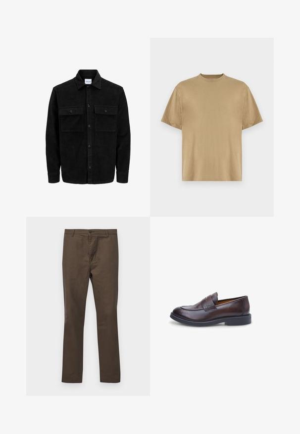 Crni kožni kord jakna na dugmad s dva prednja džepa s preklopom i klasičnim ovratnikom, dugim rukavima i rebrastom teksturom.; Khaki majica s kratkim rukavima izrađena od mekog materijala, s okruglim izrezom i ležernim krojem. Nema vidljivih uzoraka ni grafika.; Marron pamuk hlače s ravnim nogavicama, s kopčanjem na gumb i petljama za remen, glatke teksture bez uzoraka ili naglasaka.; Smeđa kožna loferica s glatkom teksturom, zaobljenim vrhom i dvostrukom remenom; ima crnu gumenu potplat i šivane detalje.