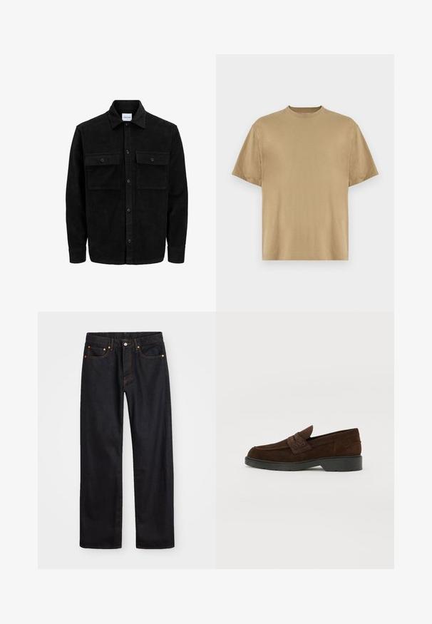 Chaqueta de pana negra con botones, dos bolsillos delanteros con solapa y un cuello clásico, mangas largas y textura acanalada.; Camiseta de manga corta color caqui, confeccionada en tejido suave, con un escote redondo y un corte relajado. No se aprecian patrones ni gráficos.; Jeans de mezclilla negros de pierna recta para hombre, con cinco bolsillos y costuras en color naranja, cierre de botón y cremallera en la parte delantera de la cintura.; Mocasines de ante marrón con punta redonda y suela de goma negra resistente. Presentan una correa decorativa y costuras en la parte superior.