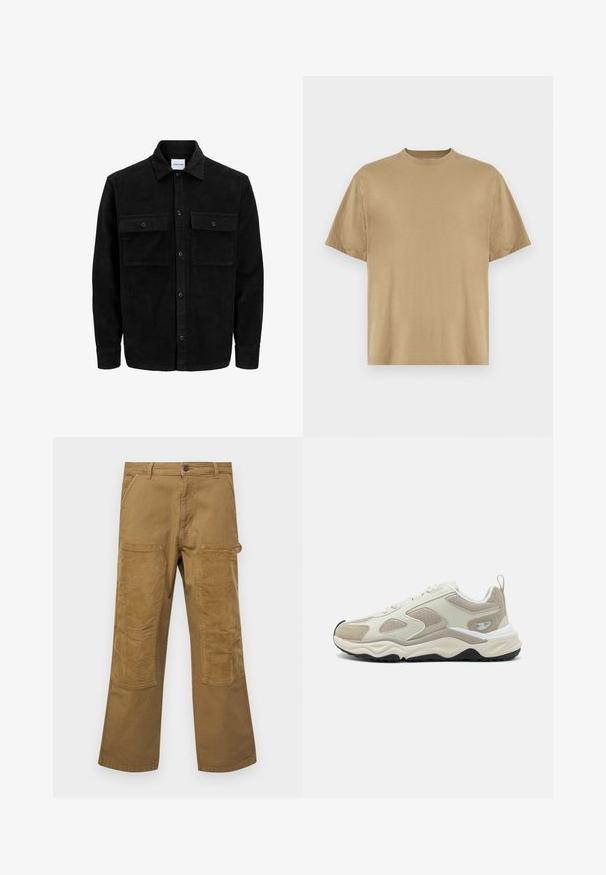 Svart kordflodjacka med knappar, två framfickor med klaff och klassisk krage, långa ärmar och ribbad textur.; Khaki kortärmad t-shirt i mjukt tyg, med rund halsringning och en avslappnad passform. Inga mönster eller grafik syns.; Cargo-byxor i brunt bomull med kontrasterande ribbade tygfickor, rak benstil, fem fickor och knappstängning.; Beige träningsskor med en blandning av släta syntetiska och mesh-material, texturerade detaljer och en tjock vit och svart sula.