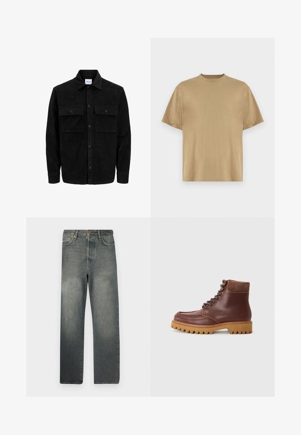 Chaqueta de pana negra con botones, dos bolsillos delanteros con solapa y un cuello clásico, mangas largas y textura acanalada.; Camiseta de manga corta color caqui, confeccionada en tejido suave, con un escote redondo y un corte relajado. No se aprecian patrones ni gráficos.; Jack & Jones JJIALEX JJCOOPER - Vaqueros baggy - black denim; Botas tobilleras de cuero marrón con acentos de ante, puntera redonda y suela de goma texturizada. Presenta ojales de metal y cordones planos.