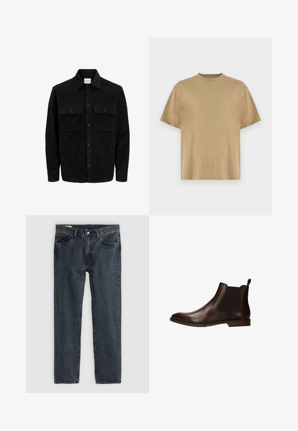 Schwarze Corduroy-Button-Up-Jacke mit zwei frontalem Klappentaschen und klassischem Kragen, langen Ärmeln und gerippter Textur.; Khakifarbenes T-Shirt mit kurzen Ärmeln aus weichem Stoff, mit einem Rundhalsausschnitt und einer lockeren Passform. Keine Muster oder Grafiken sichtbar.; Dunkelblaue Jeans aus Denim mit geradem Bein, fünf Taschen und einem Knopfverschluss. Der Stoff weist eine subtile Ausbleichung und Textur auf.; Braune Leder-Chelsea-Boots mit elastischen Seitenpaneelen, einer runden Zehenform und einem niedrigen, gestapelten Absatz. Verfügt über eine Zuglasche für ein einfaches Anziehen.