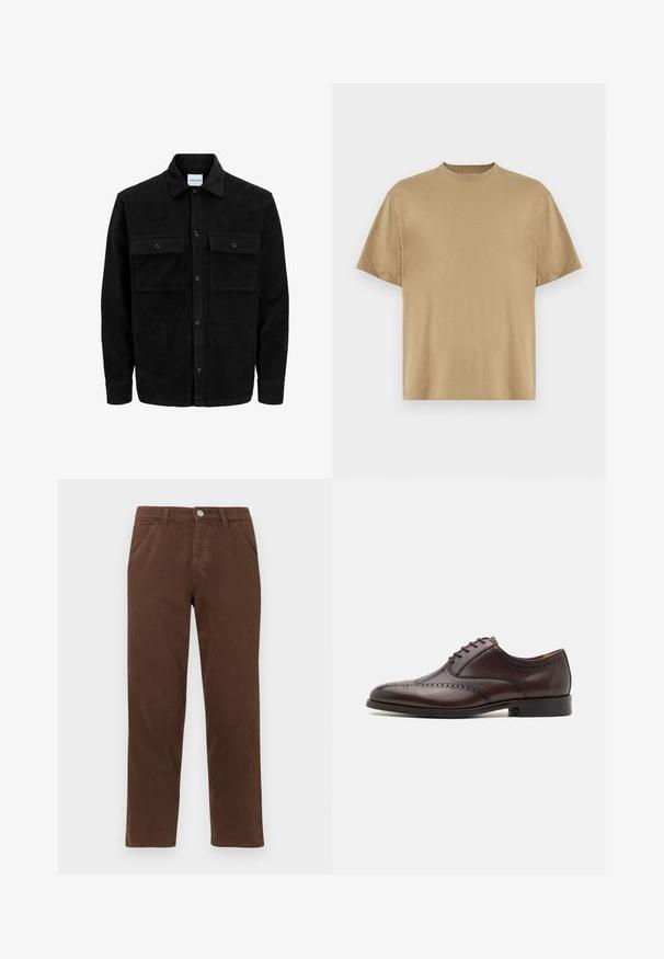 Giacca in corduroy nera con bottoni, due tasche anteriori con patta, colletto classico, maniche lunghe e texture a coste.; T-shirt khaki a maniche corte realizzato in morbido tessuto, con scollatura rotonda e vestibilità rilassata. Non sono visibili pattern o grafiche.; Pantaloni di cotone marrone con gamba dritta, tasche frontali e chiusura con bottone metallico. Presentano una consistenza liscia e un design minimale.; ALDO DONALD - Stringate eleganti - dark brown