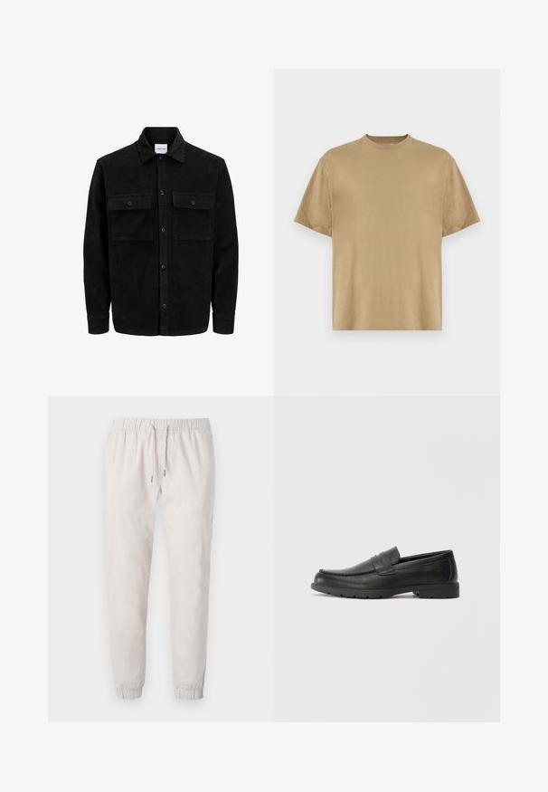 Juodas velveto mygtukų švarkas su dviem priekiniais kišenėmis su atvartais, klasikiniu apykakle, ilgomis rankovėmis ir raukšlėtu paviršiumi.; Kaki trumpas rankovėmis marškinėliai, pagaminti iš minkštos medžiagos, su apvaliu iškirpimu ir laisvu siluetu. Nėra matomų raštų ar grafikos.; Šviesiai smėliniai sportiniai kelnės, pagamintos iš minkštos medžiagos, su elastingu liemeniu ir raišteliu, uždaruose kulkšnies gale ir šoninėmis kišenėmis.; Juodai odiniai loaferiai su sklandžiu paviršiumi, mokasino stiliaus viršus, siuvinėjimu ir guminėmis padangomis. Klasikinis dizainas su žemu kulnu.