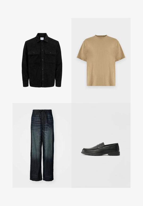 Čierna kordúrová bunda s gombíkmi, dvoma prednými vreckami so záklopkou a klasickým golierom, dlhými rukávmi a ryhovanou textúrou.; Khaki tričko s krátkym rukávom vyrobené z mäkkého materiálu, s okrúhlym výstrihom a voľným strihom. Žiadne vzory ani grafiky nie sú viditeľné.; Nohavice s širokými nohavicami z tmavého denimu s postupným vyblednutím. Obsahujú elastický pás s šnúrkou. Hladká textúra s jemnými známkami opotrebenia.; Čierne kožené mokasíny s hladkým povrchom, vrchnou časťou v štýle mokasín, prešitým detailom a gumovou podrážkou. Klasický dizajn s nízkym podpätkom.