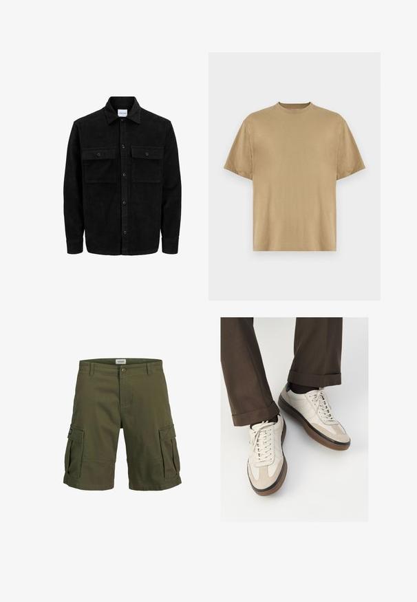 Veste en velours côtelé noire à boutons, avec deux poches à rabat à l'avant et un col classique, des manches longues et une texture côtelée.; T-shirt khaki à manches courtes en tissu doux, avec un col rond et une coupe décontractée. Aucun motif ou graphique visible.; Shorts cargo verts olive en coton, présentant deux grandes poches latérales, une fermeture à bouton et une coupe droite.; Baskets beiges avec un devant en suède texturé, côtés en cuir lisse et semelle en caoutchouc brun. Lacets et détails de couture légère inclus.