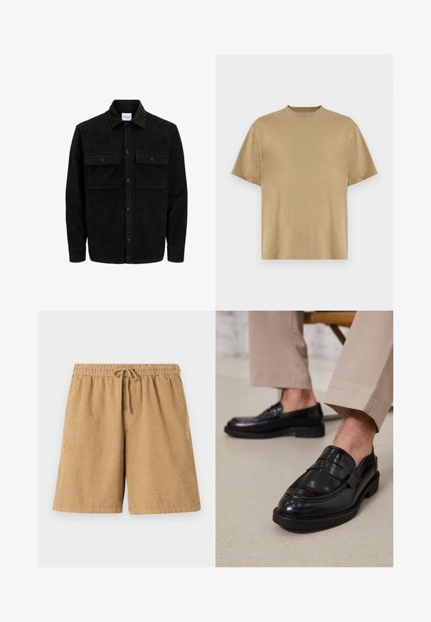 Svart kordflodjacka med knappar, två framfickor med klaff och klassisk krage, långa ärmar och ribbad textur.; Khaki kortärmad t-shirt i mjukt tyg, med rund halsringning och en avslappnad passform. Inga mönster eller grafik syns.; Bruna kordflorbyxor med elastisk midja och dragsko. Har vertikala åsar och sidofickor. Kort längd och avslappnad design.; Svarta läder loafers med en slät finish, prydda med en dekorativ rem och kontrastsöm, tillsammans med beiga byxor.