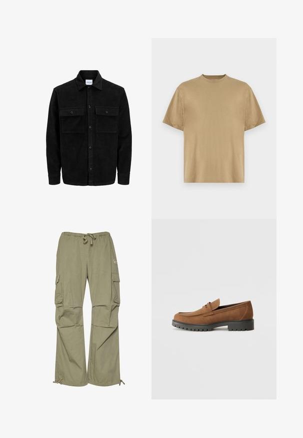 Mustat corduroy-nappi takki, jossa on kaksi etupistotaskua ja klassinen kaulus, pitkät hihat ja ribattu pinta.; Khaki lyhythelmainen T-paita, joka on valmistettu pehmeästä kankaasta. Paidassa on pyöreä kaula-aukko ja rento istuvuus. Ei näkyviä kuvioita tai graafisia elementtejä.; Vihreät cargo-housut, jotka on valmistettu kevyestä kankaasta, jossa on joustava vyötärö, säädettävät hihnat ja useita sivutaskuja.; Ruske mokasiner av sueding med rund tå og lav svart gummisåle, med dekorativ stropp og sømdetaljer på overdelen.