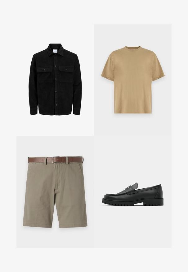Sort fløjl button-up jakke med to frontlommer og klassisk krave, lange ærmer og ribbet tekstur.; Khaki kortærmet T-shirt lavet af blødt stof, med rund halsudskæring og en afslappet pasform. Ingen mønstre eller grafik er synlige.; Beige shorts med løs pasform, lavet af bomuldsstof. Har et brunt læderbælte, forlommer og en ren kantfinish.; Sorte læder loafers med rund tå, der har et syet design, lav platformssål og en struktureret, skridsikker gummisål.