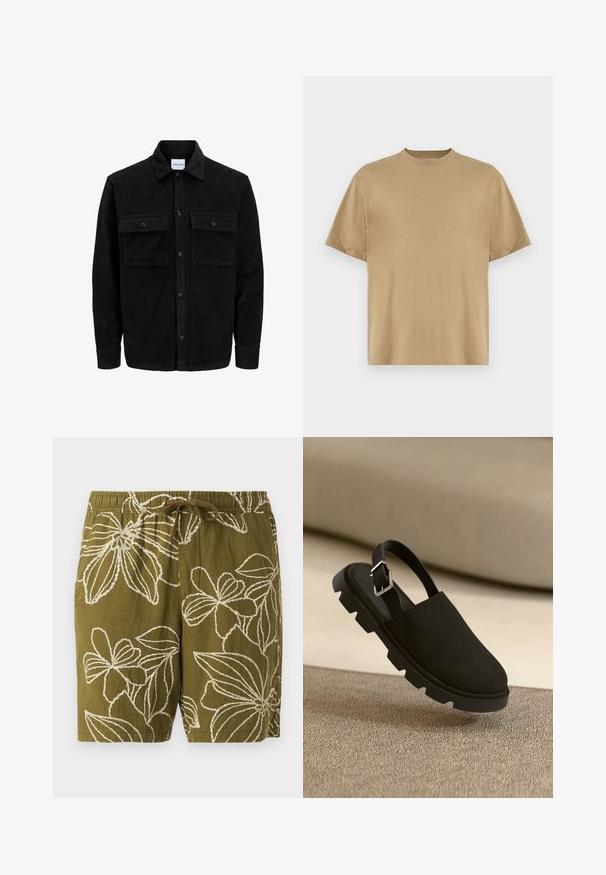 Jachetă din catifea neagră, cu butoni, două buzunare frontale cu clapetă și un guler clasic, mâneci lungi și textură ribbed.; Tricou kaki cu mânecă scurtă, confecționat dintr-un material moale, având decolteu rotund și o croială lejeră. Fără modele sau grafice vizibile.; Pantaloni scurți din in verde măsliniu cu broderie florală albă, având o talie elastică și un șnur pentru ajustarea fitului.; Pantof de damă din nabuc negru, cu toc slingback, cu talpă groasă și texturată și detaliu cu cataramă argintie. Design elegant, cu un stil minimal, plutind deasupra unei suprafețe texturate.
