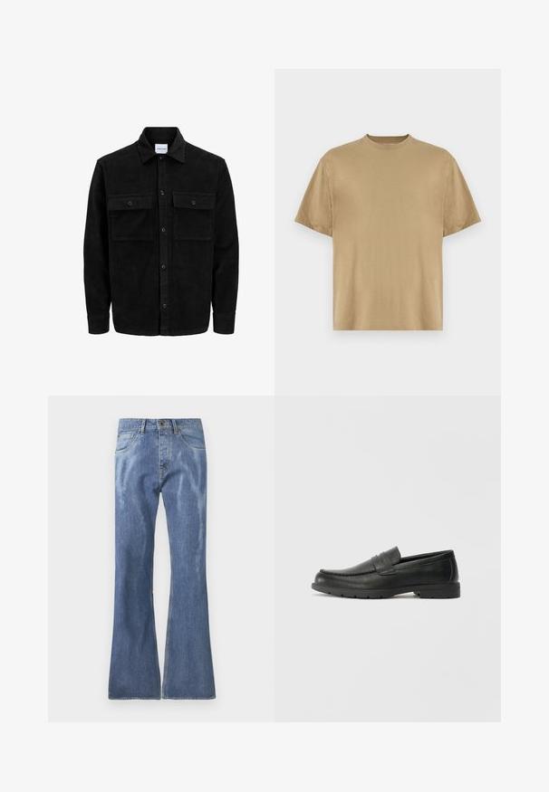 Svart kordfløyels knappjakke med to frontlommer med klaff og klassisk krage, lange ermer og ribbet tekstur.; Khaki kortermet T-skjorte laget av mykt stoff, med rund hals og en avslappet passform. Ingen mønstre eller grafikk er synlige.; Lyseblå denim flared jeans med mid-rise liv, fem-lommers design og synlige sømdetaljer. Jeansen har en jevn tekstur med lett falming.; Svart skinnloafers med glatt finish, mokkasin-stil overdel, broderte detaljer og gummisåle. Klassisk design med lav hæl.