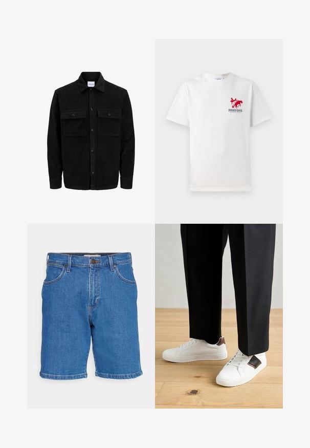 Mustat corduroy-nappi takki, jossa on kaksi etupistotaskua ja klassinen kaulus, pitkät hihat ja ribattu pinta.; Valkoinen puuvillapaita, jossa on vasemmassa rinnassa punainen cowboy- ja hevoshahmo sekä "RODEO DAYS" -teksti kuvion alla.; Siniset farkkushortsit, joissa on klassinen muotoilu, viisi taskua, nappisulku ja suora leikkaus, jossa on viimeistellyt reunat.; Valkoiset tennarit, joissa on sileä pinta, ruskealla nahka-akentilla ja mustilla yksityiskohdilla, yhdistetty mustiin räätälöityihin housuihin. Taustalla puulattia.