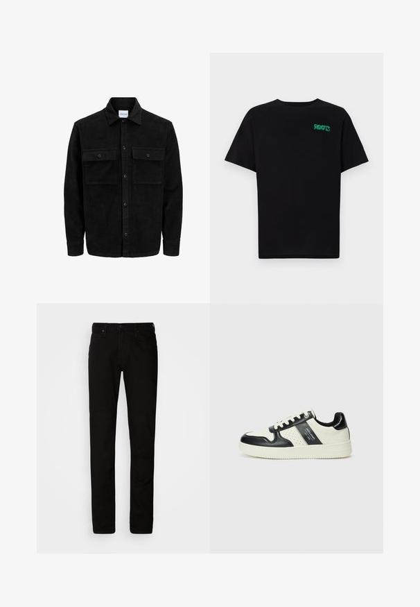 Jachetă din catifea neagră, cu butoni, două buzunare frontale cu clapetă și un guler clasic, mâneci lungi și textură ribbed.; Tricou negru din bumbac, cu mâneci scurte. Prezintă un logo verde "ROOTS" pe față, guler rotund și o potrivire standard.; Chino din bumbac negru, cu o croială slim, închidere cu buton superior și design cu cinci buzunare. Prezintă curea și o textură uniformă și netedă.; Tenisi din piele cu un scheme de culori negru și crem, dotati cu accente perforate, guler căptușit și o talpă texturată.