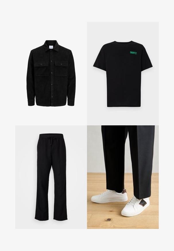 Veste en velours côtelé noire à boutons, avec deux poches à rabat à l'avant et un col classique, des manches longues et une texture côtelée.; T-shirt noir en coton à manches courtes. Présente un logo "ROOTS" vert sur le devant, un col rond et une coupe standard.; GAP PULL ON - Pantalon classique - moonless night; Des sneakers blanches au texture lisse, avec des accents en cuir marron et des détails noirs, assorties à un pantalon noir ajusté. Fond en parquet.