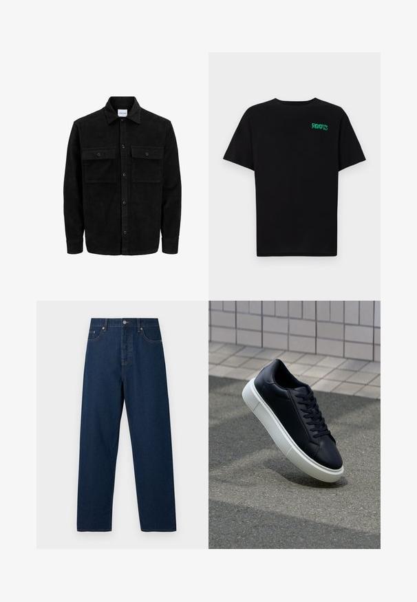 Black corduroy button-up jacket with two front flap pockets and a classic collar, long sleeves, and ribbed texture.; Black t-shirt made of cotton with short sleeves. Features a green "ROOTS" logo on the front, round neckline, and standard fit.; Dark blue denim jeans with a straight cut, five pockets, and a button closure. Features contrasting stitching and a classic waistband.; Black leather sneaker with rounded toe and white rubber sole. Features flat laces and minimal stitching on the upper. Textured sole for grip.