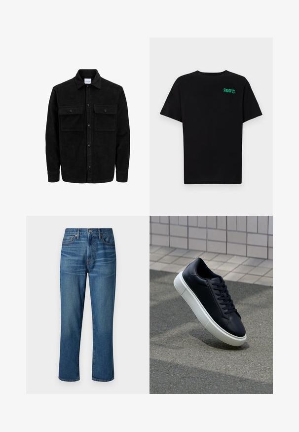 Černá kordurová košile s knoflíky, dvěma předními klopovými kapsami a klasickým límcem, dlouhými rukávy a vroubkovanou texturou.; Černé tričko vyrobené z bavlny s krátkým rukávem. Na přední straně se nachází zelené logo "ROOTS", kulatý výstřih a standardní střih.; Tmavě modré džínové kalhoty se rovnými nohavicemi, obsahující pět kapes a kovové prvky. Materiál má mírně vybledlou texturu.; Černé kožené tenisky s kulatou špičkou a bílou gumovou podrážkou. mají ploché tkaničky a minimální šití na svršku. Texturovaná podrážka pro lepší přilnavost.