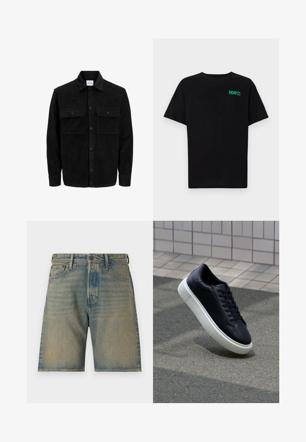 Crni kožni kord jakna na dugmad s dva prednja džepa s preklopom i klasičnim ovratnikom, dugim rukavima i rebrastom teksturom.; Crna majica kratkih rukava od pamuka. Na prednjem dijelu se nalazi zeleni "ROOTS" logo, okrugli izrez i standardni kroj.; Traperice kratke hlače u svjetloplavoj boji s izblijedjelim pranjem. Uključuje pet džepova, rajsferšlus, kopčanje na dugme i čvrsto šivanje duž rubova.; Crne kožne tenisice s zaobljenim vrhom i bijelim gumiranim potplatom. Imaju ravne vezice i minimalno šivanje na gornjem dijelu. Teksturirani potplat za bolje prianjanje.