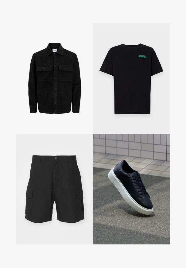 Melnas kordūru pogu jaka ar divām priekšējām atloka kabatām un klasisku apkakli, garām piedurknēm un ribotu tekstūru.; Melna kokvilnas t-kreka ar īsām piedurknēm. Uz priekšu ir zaļa "ROOTS" logo, apaļa kakla izgriezums un standarta piegriezums.; Melnas kravas šortas, izgatavotas no viegla auduma, ar divām sānu kabatām, pogu aizdari un brīvu piegriezumu vidukļa garumā.; Melnas ādas kedas ar noapaļotu pirkstu un baltu gumijas zoli. Iespējas - plakanas šņorītes un minimāla apdare augšdaļā. Struktūrēta zole, lai nodrošinātu saķeri.