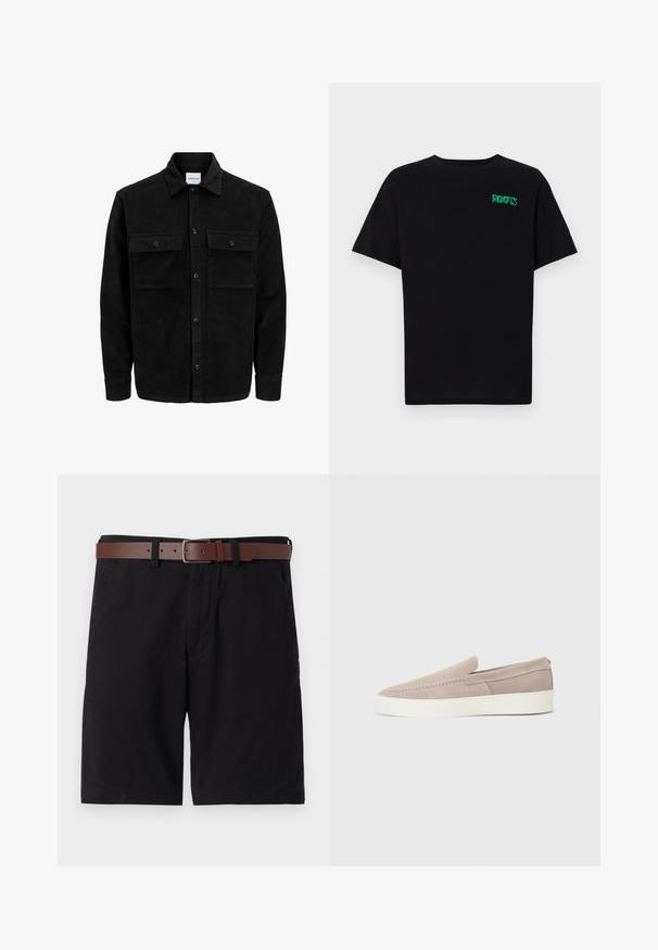 Chaqueta de pana negra con botones, dos bolsillos delanteros con solapa y un cuello clásico, mangas largas y textura acanalada.; Camiseta negra de algodón con mangas cortas. Presenta un logo verde "ROOTS" en el frente, escote redondo y corte estándar.; Pantalones cortos de algodón negros con un cinturón de cuero marrón. El diseño incluye bolsillos frontales y un corte recto con dobladillos acabados.; Zapatos mocasines de ante beige con una textura suave, puntera redondeada y suela de goma blanca. Presentan costuras simples a lo largo de la parte superior.