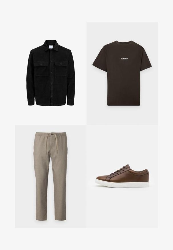 Melnas kordūru pogu jaka ar divām priekšējām atloka kabatām un klasisku apkakli, garām piedurknēm un ribotu tekstūru.; Melnā kokvilnas T-krekls ar īsām piedurknēm un apaļu kakla izgriezumu, priekšpusē centrā ar baltu "JJ Studios" logotipu. Gluda tekstūra.; Bežīgas bikses ar elastīgu jostu, aukliņas aizdari un taisnu kāju griezumu. Materiāls ir ar vieglu struktūru.; Brūni ādas sporta apavi ar noapaļotu purngalu, balta gumijas zole un pieci auklu caurumi. Satur diskrētu zīmolu uz papēža.