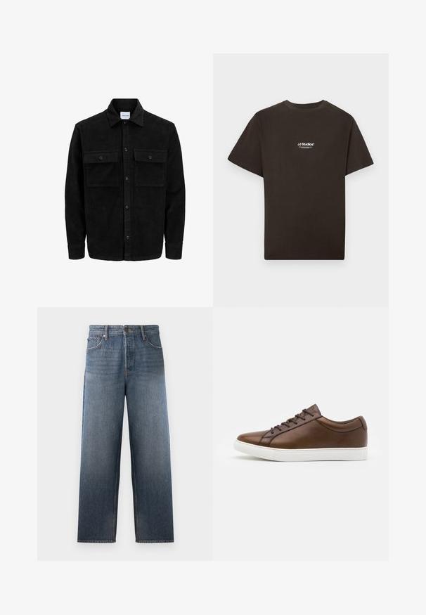 Mustmustöös nupuga jope, millel on kaks eesmist klapiga taskut ja klassikaline kaelus, pikad varrukad ning ribakujuline tekstuur.; Mustast puuvillast lühikeste varrukatega T-särk ümara kaelusega, mille ees keskel on valge "JJ Studios" logo. Sile tekstuur.; Keskmise sinise tooniga teksased, sirge jalgade disainiga, viie taskuga, nupuga ja tõmblukuga kinnitamine ning peent tuhmumist. ; Pruunid nahast tenniseketid ümarate varvastega, valge kummist tallaga ja viie nööbiga. Taga on peent brändi ilmestus.