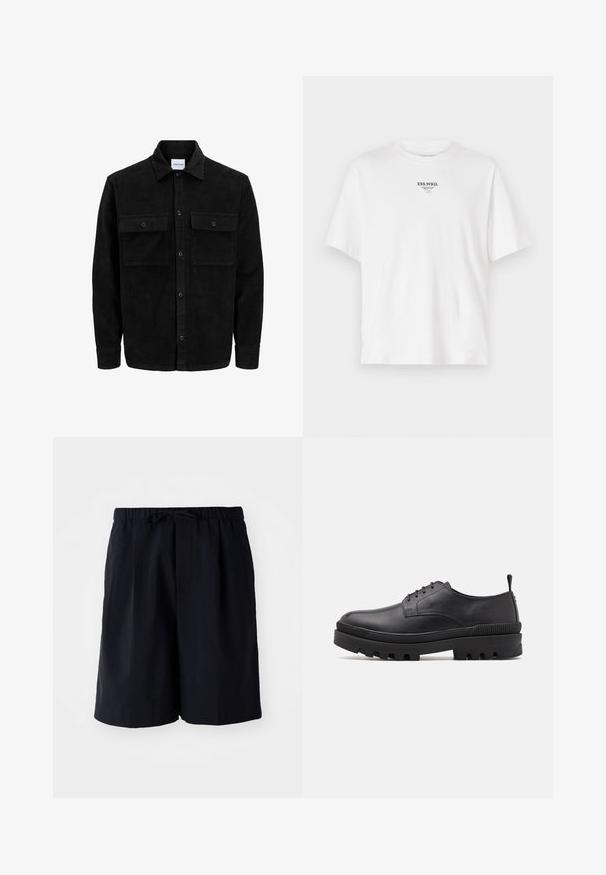 Čierna kordúrová bunda s gombíkmi, dvoma prednými vreckami so záklopkou a klasickým golierom, dlhými rukávmi a ryhovanou textúrou.; Biela bavlnená tričko s okrúhlym výstrihom, krátkymi rukávmi a potlačeným logom s nápisom "ESS.WRD." na hrudi, minimalistický dizajn.; Námořnické modré šortky vyrobené z lehkého materiálu, s elastickým pasem a šňůrkou na stažení, a dvěma bočními kapsami, rovný střih.; Čierna kožená topánka s okrúhlou špičkou, viazaním a robustnou gumovou podrážkou. Obsahuje pútko na päte a textúrované akcenty.