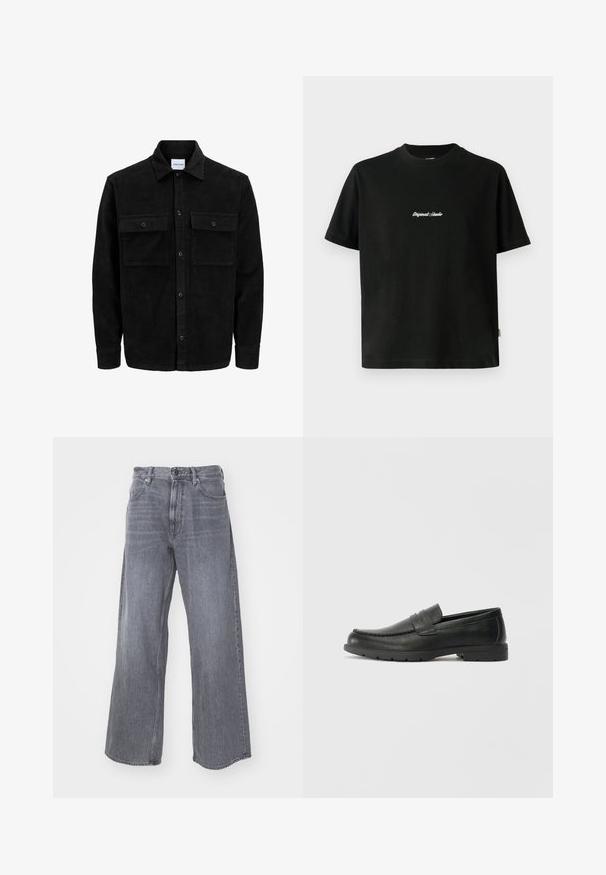 Crni kožni kord jakna na dugmad s dva prednja džepa s preklopom i klasičnim ovratnikom, dugim rukavima i rebrastom teksturom.; Crna pamučna majica sa kratkim rukavima, sa bijelim izvezenim natpisom "Original Studio" na prsima i okruglim izrezom.; G-STAR TYPE - Traperice opuštenog kroja - worn in rock; Crne kožne mokasine s glatkom površinom, gornji dio u stilu mokasina, ojačani šavovi i gumeni potplat. Klasičan dizajn s niskom petom.