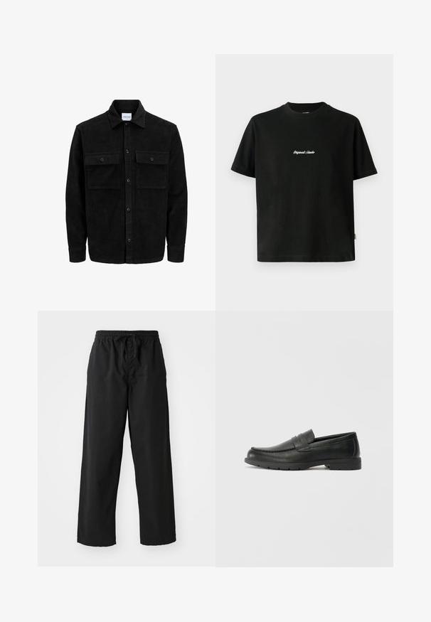 Schwarze Corduroy-Button-Up-Jacke mit zwei frontalem Klappentaschen und klassischem Kragen, langen Ärmeln und gerippter Textur.; Schwarzes Baumwoll-T-Shirt mit kurzen Ärmeln, das auf der Brust einen weißen, gestickten Text "Original Studio" und einen runden Ausschnitt aufweist.; Schwarze, weit geschnittene Hosen aus weichem Stoff mit elastischem Bund und verstellbarem Kordelzug, mit glatter Oberfläche und ohne erkennbare Muster.; Schwarze Lederloafers mit glatter Oberfläche, Mokassin-oberteil, genähten Details und Gummisohle. Klassisches Design mit niedrigem Absatz.